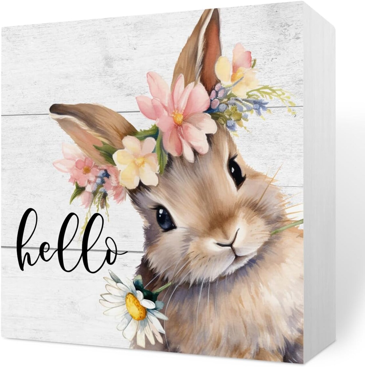 Rustic Spring Easter Decorations Bunny Rabbit Wreath Desk Decor Cute Hello Wood Box Sign Farmhouse Home Office Desk Shelf Cubicle Decor 5 X 5 Inch